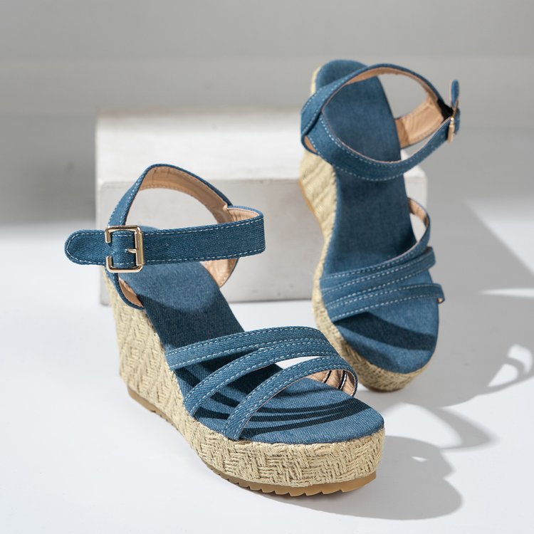 One Strap Wedge Sandals Women Platform Cloth High Heel Straw