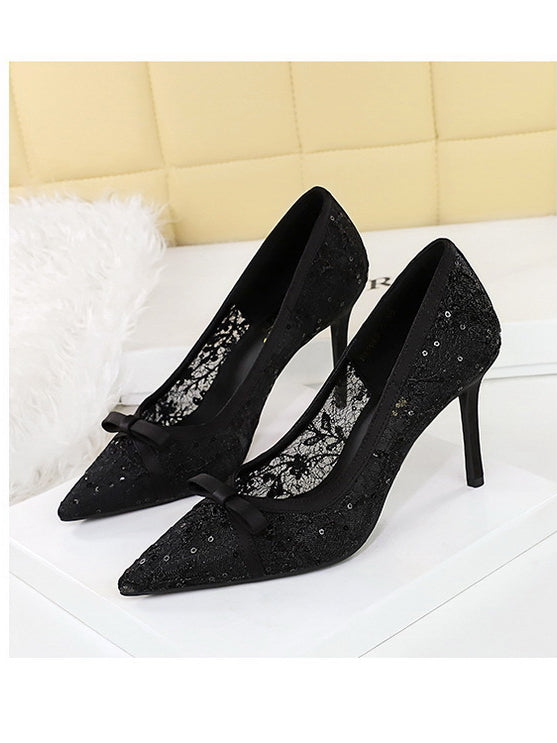 Cocktail High Heel Women Shoes Bow Sequined Lace Mesh Pointed Shallow Mouth Stiletto