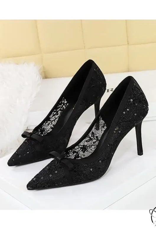 Cocktail High Heel Women Shoes Bow Sequined Lace Mesh Pointed Shallow Mouth Stiletto