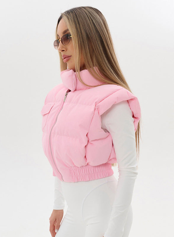 Pink Langry fashion puffer vest with high collar and zipper
