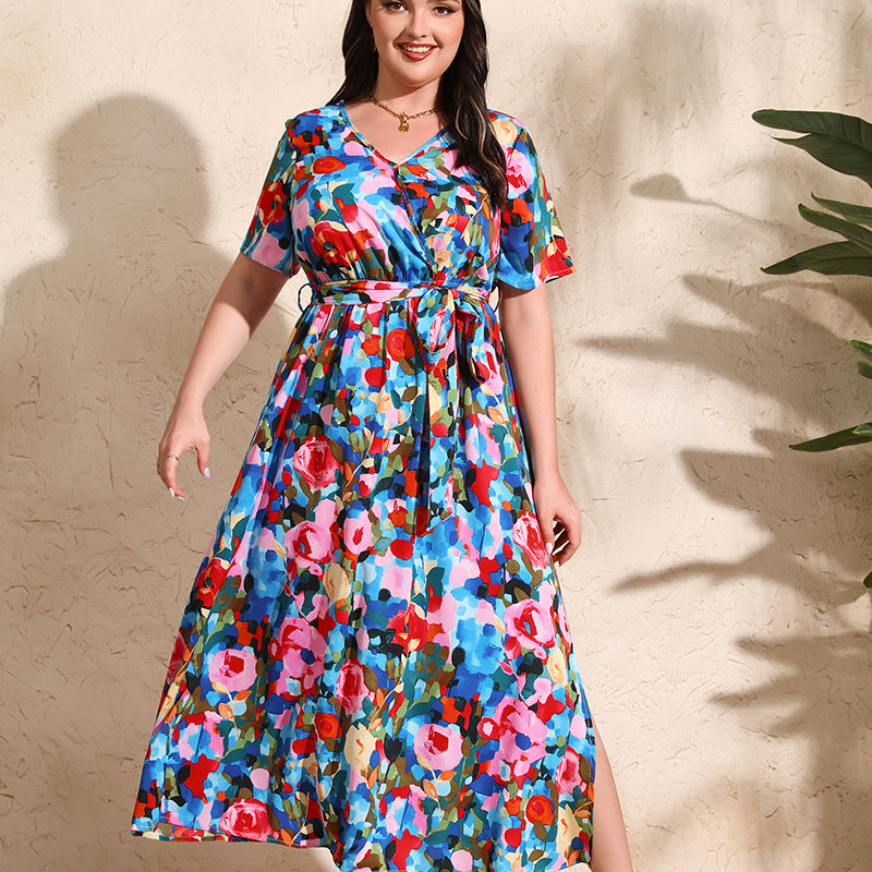Floral print plus size fashion dress with V-neck for stylish holiday ملابس