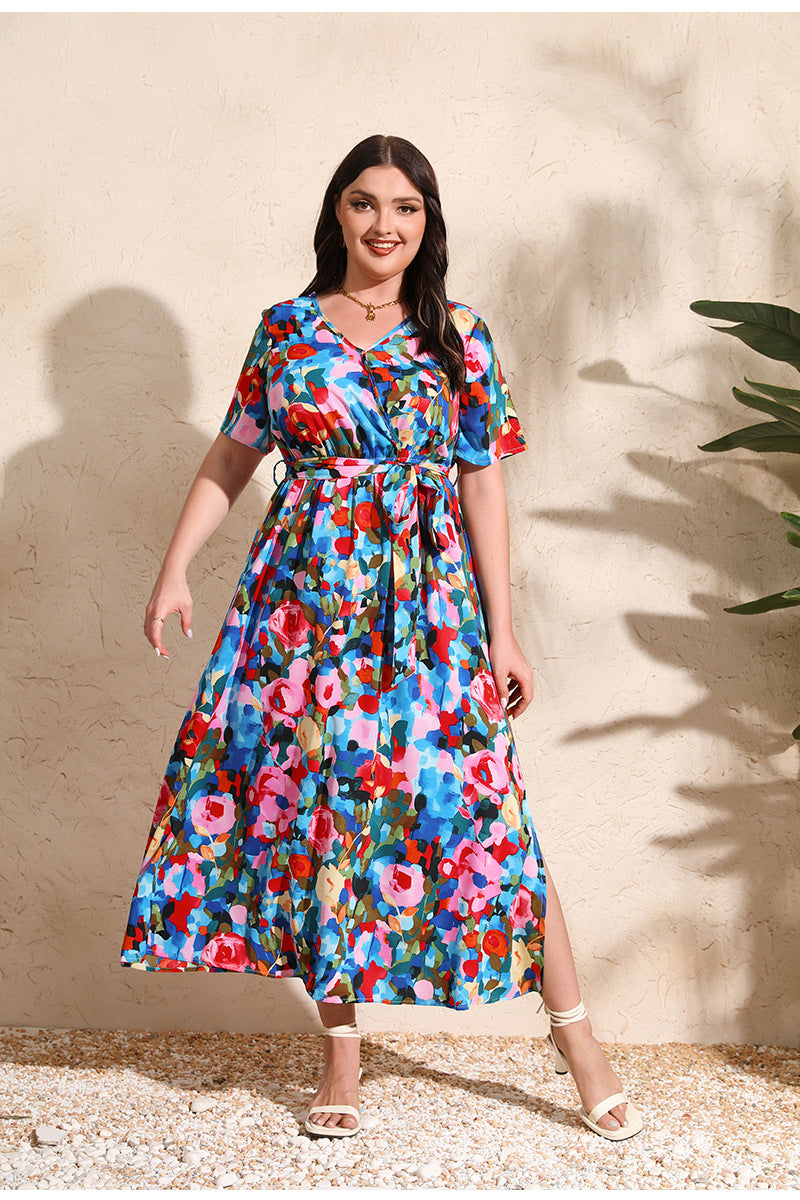 Floral print plus size fashion dress with V-neck for stylish holiday ملابس