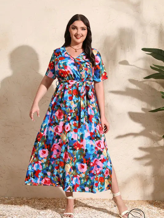 Colorful rose holiday plus size chiffon dress with floral print