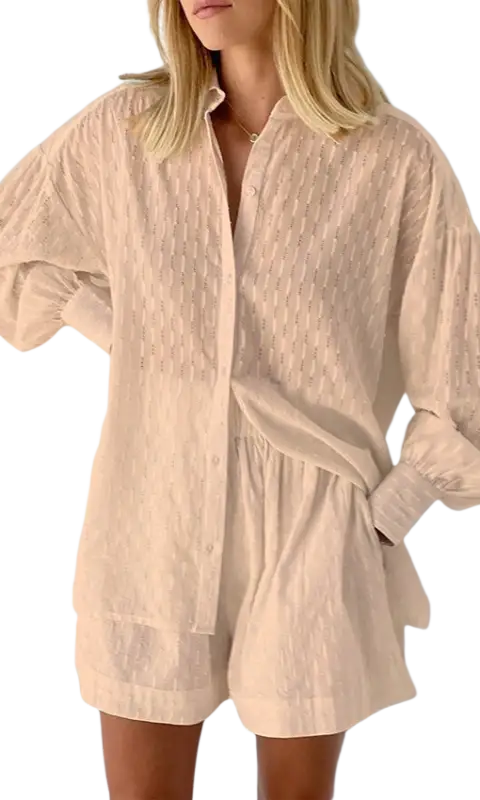 Beige embroidered jacquard pajamas shirt with puffed sleeves