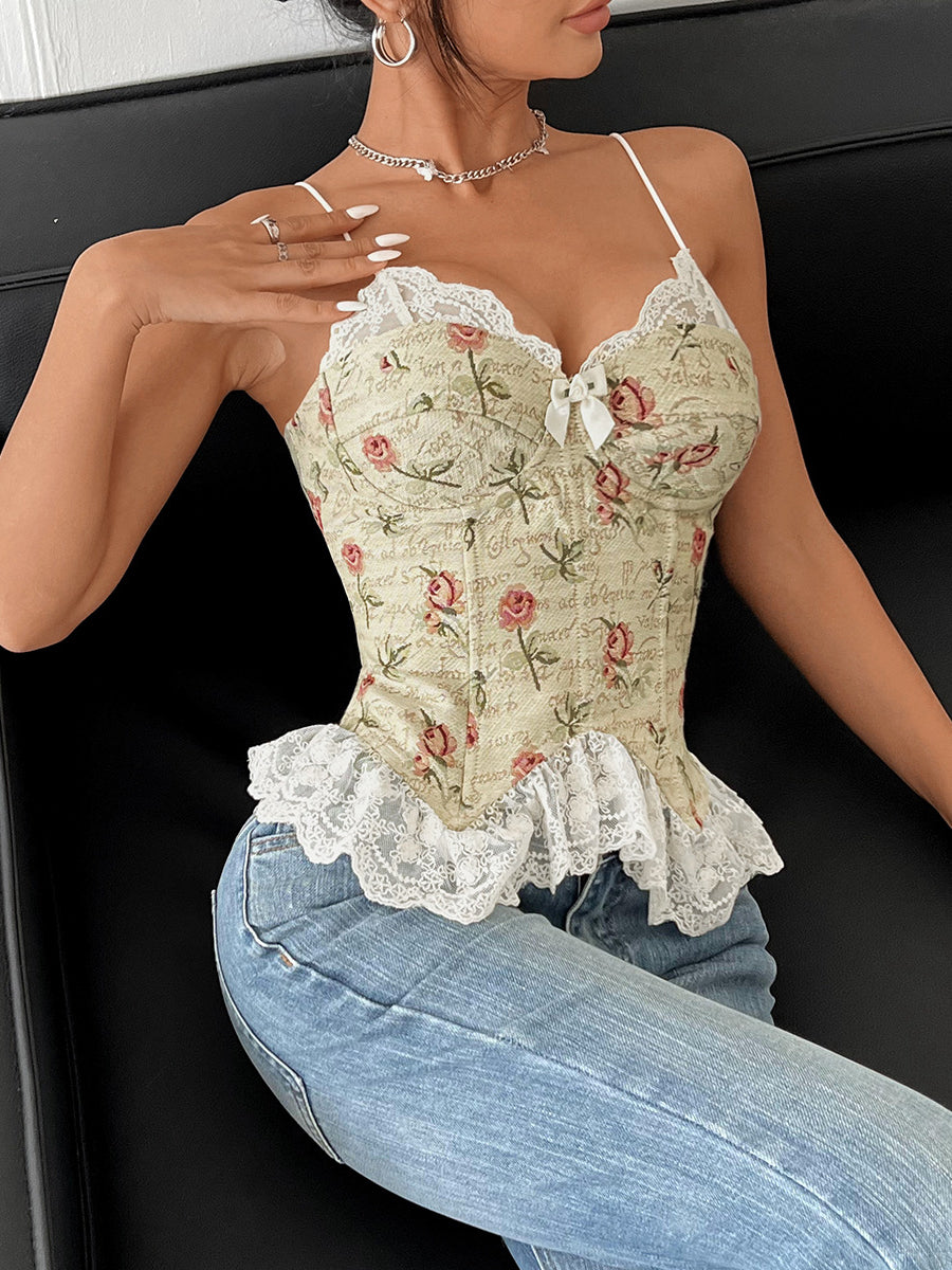 Vintage Jacquard Niche Stitching Lace corset featuring floral lace trim for elegant fashion and ملابس