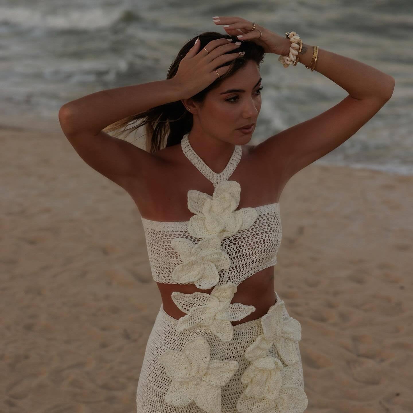 Elegant White Crochet Beach Holiday Halter Floral Dress, perfect for summer fashion