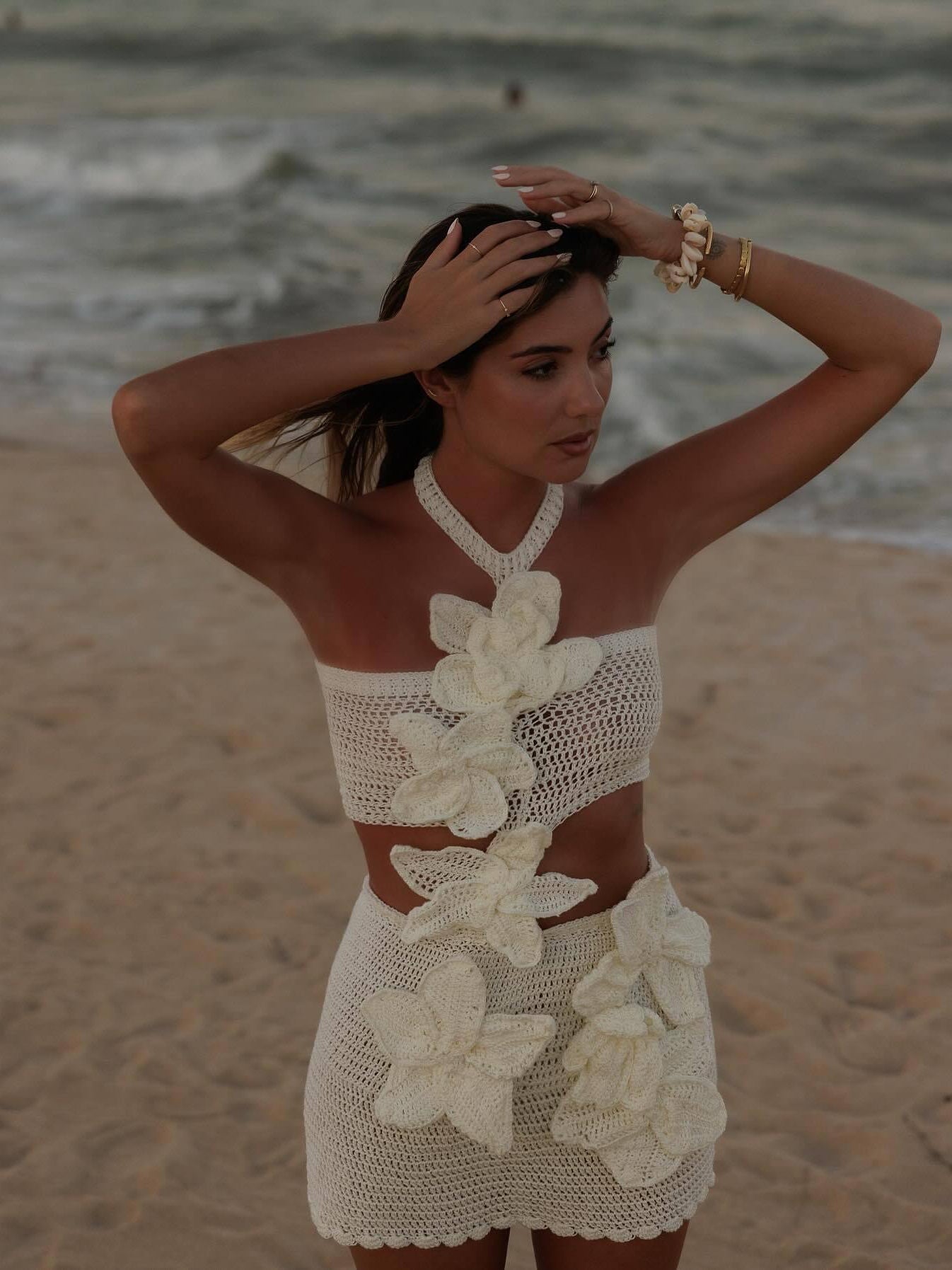 Elegant White Crochet Beach Holiday Halter Floral Dress, perfect for summer fashion