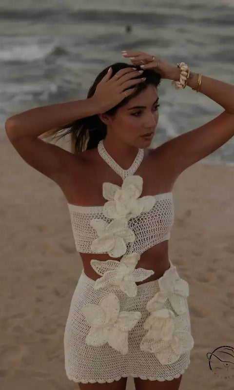White beach holiday halter floral dress with crochet and appliques