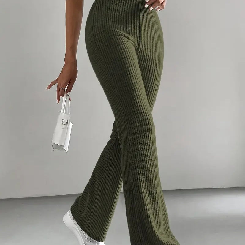 Olive green ribbed flare casual knitted match pants for versatile langry style