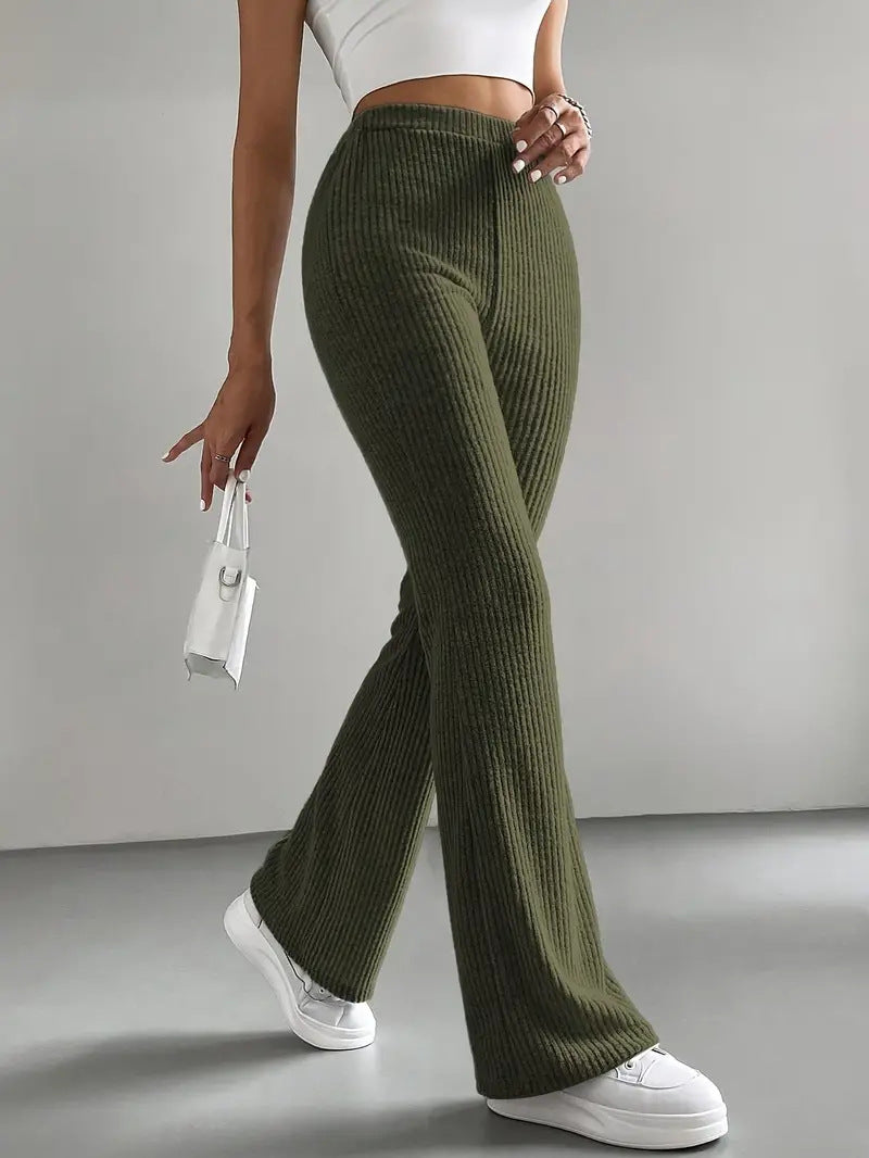Olive green ribbed flare casual knitted match pants for versatile langry style