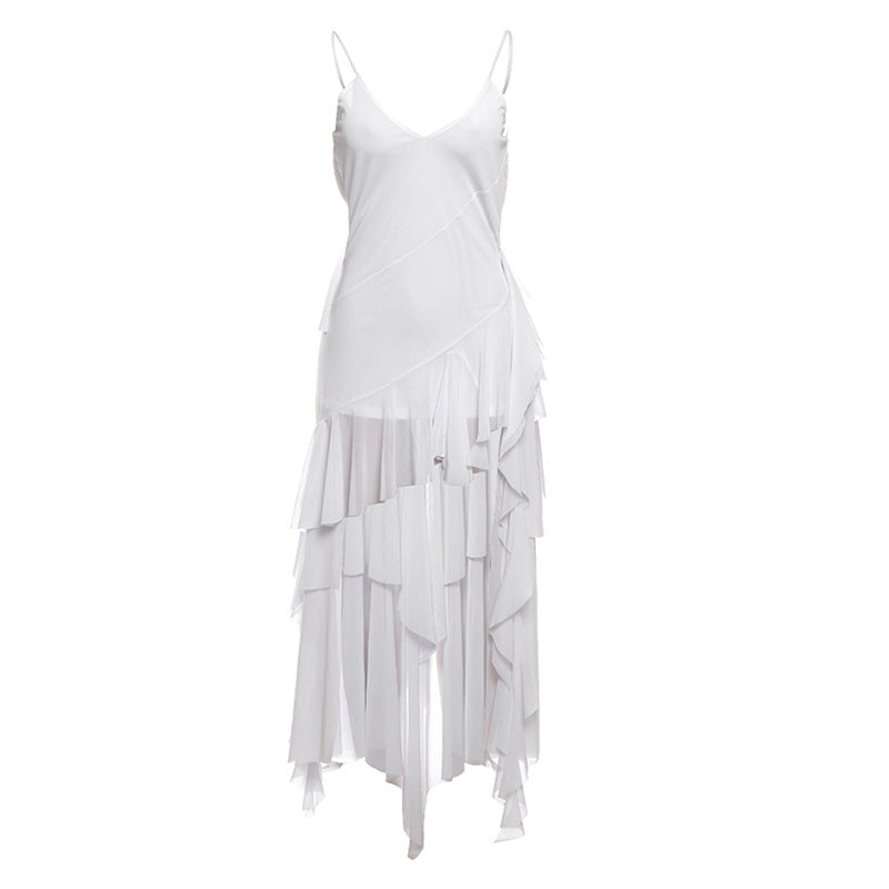White ruffled slip dress for summer women fashion with V neck and backless design