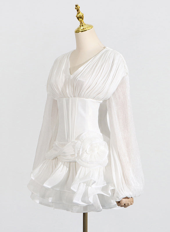 Langry fashion white ruffled chiffon blouse with v-neck sleeves