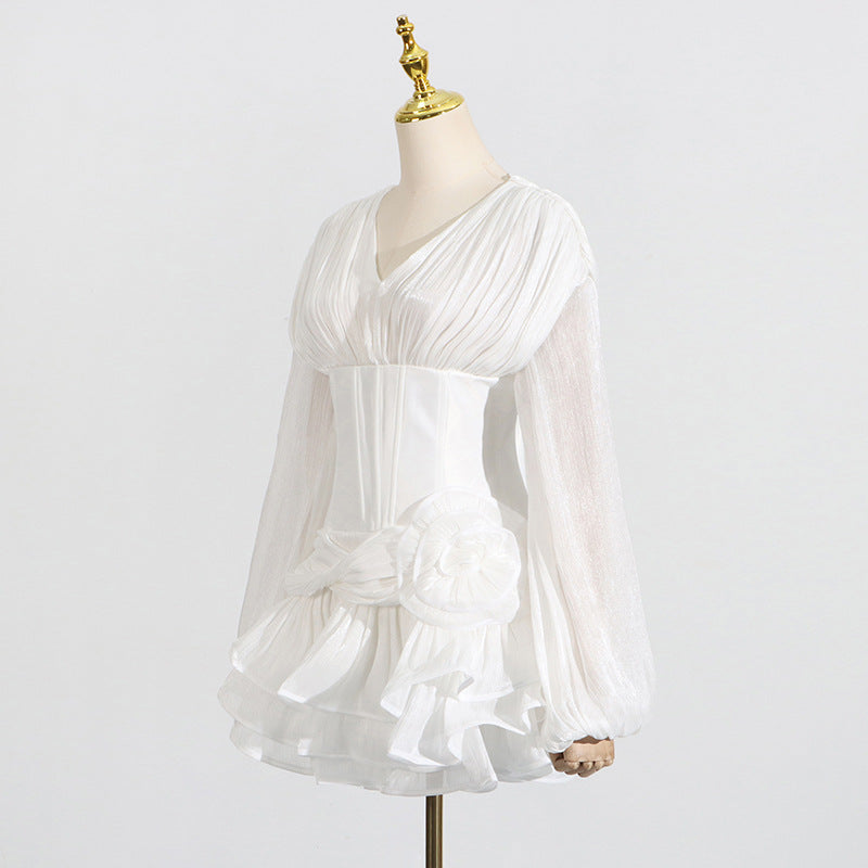 Langry fashion white ruffled chiffon blouse with v-neck sleeves
