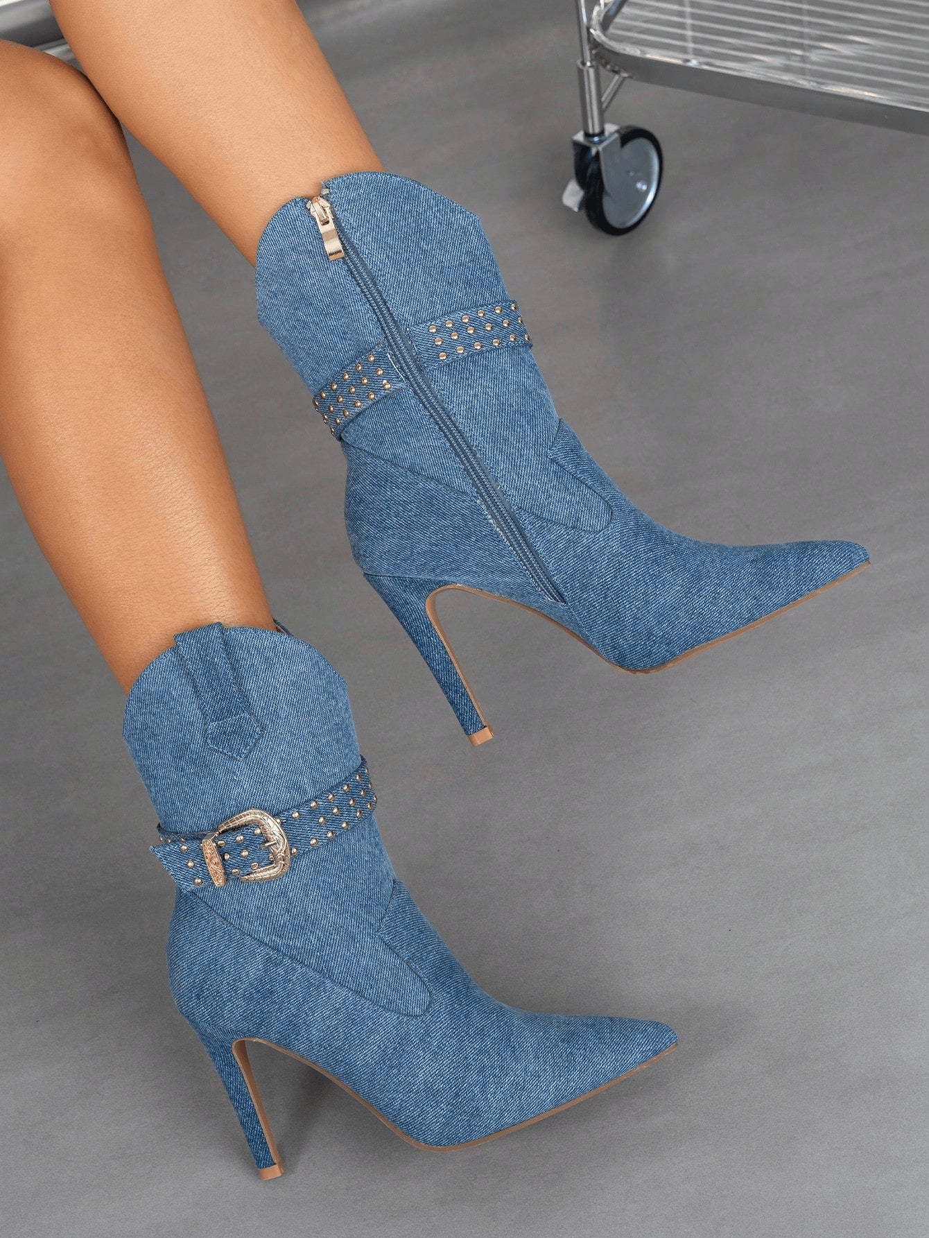 Denim Winter Pointed Toe Side Zipper Stiletto Heel Short Boots