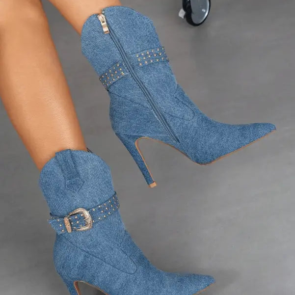 Denim Winter Pointed Toe Side Zipper Stiletto Heel Short Boots