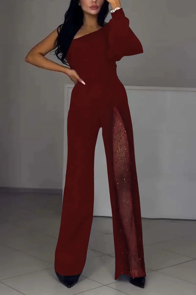 Elegant red one-shoulder jumpsuit with sheer panel from New Fall High Slit Jumpsuit, perfect for fashion enthusiasts