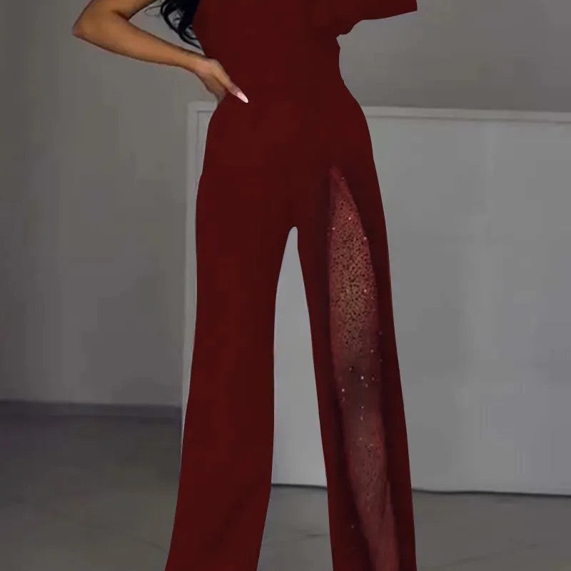 Elegant one-shoulder red jumpsuit with sheer panel from New Fall High Slit Jumpsuit, perfect for langry fashion moments