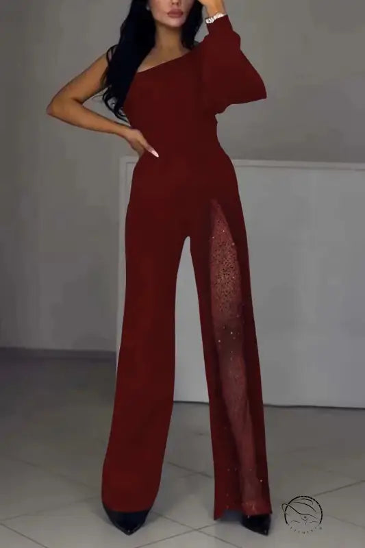 One-shoulder red fall high slit jumpsuit with sheer panel
