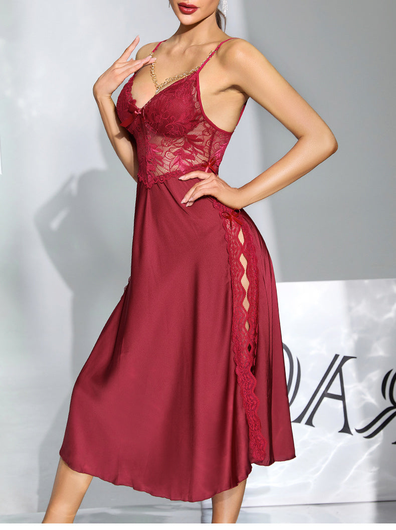 Langry deep red satin nightdress with lace stitching and high slit