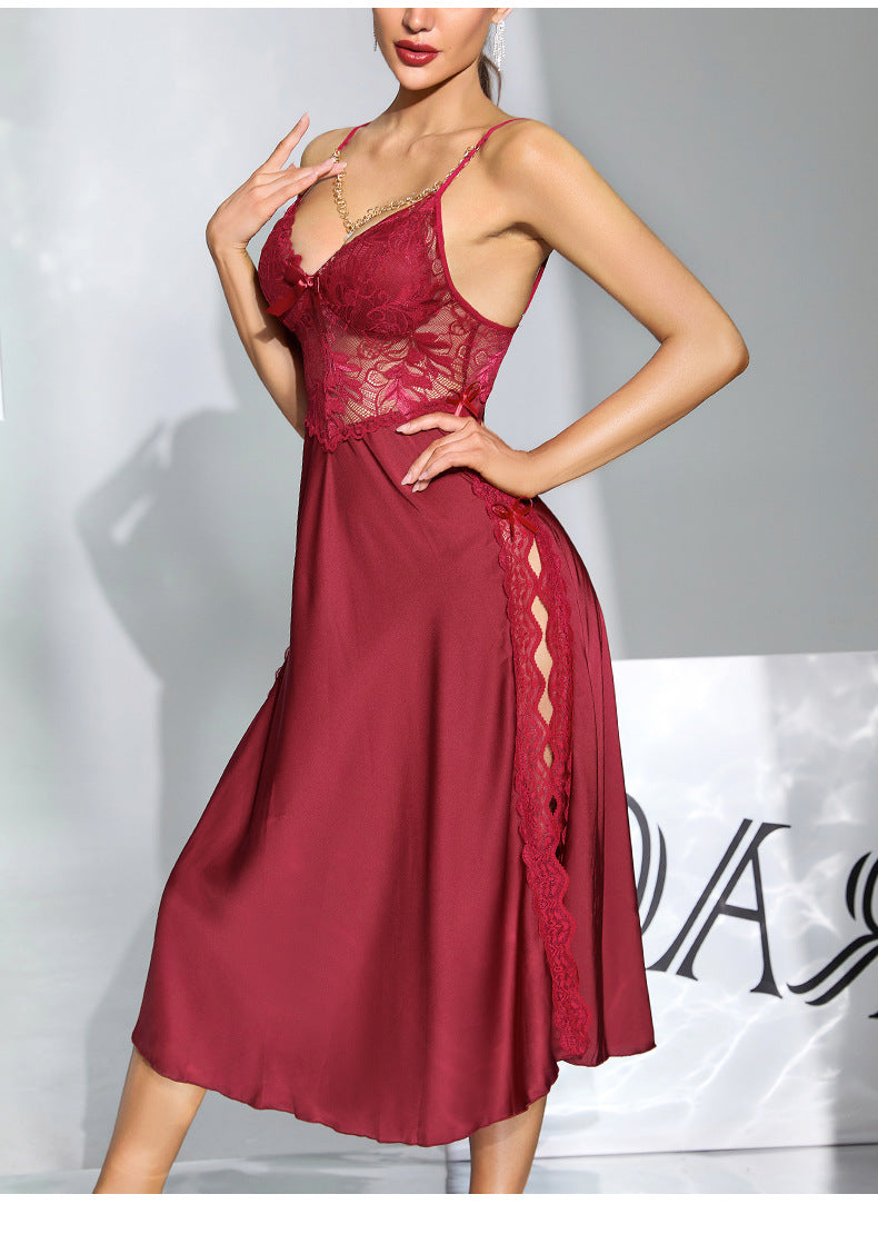 Langry deep red satin nightdress with lace stitching and high slit