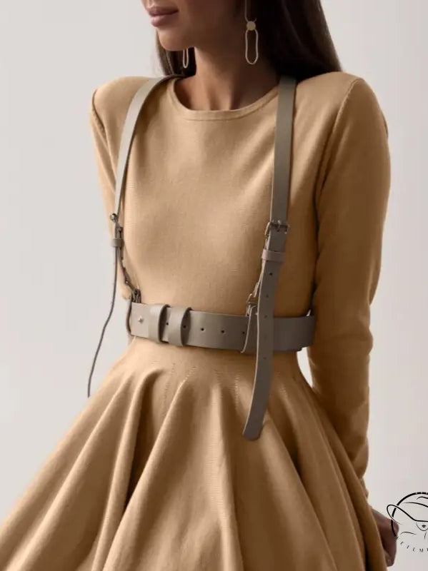 Beautiful woolen knitted dress with beige harness belt