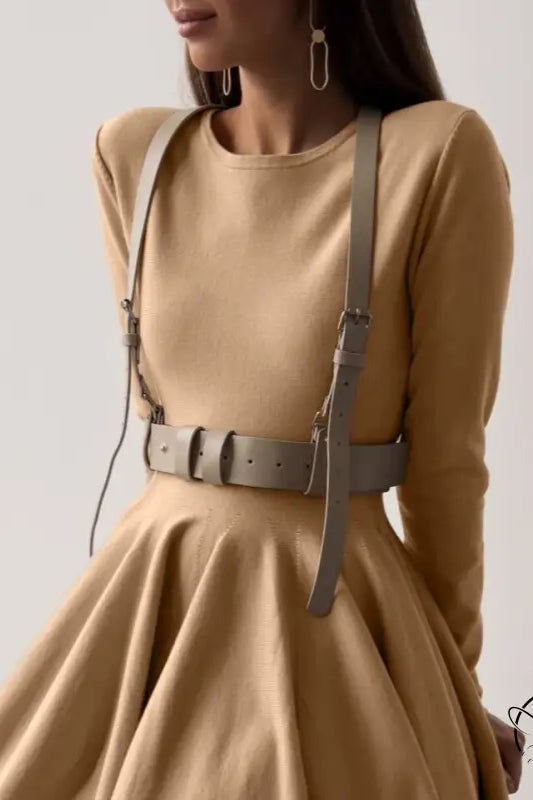 Beautiful woolen knitted dress with beige harness belt
