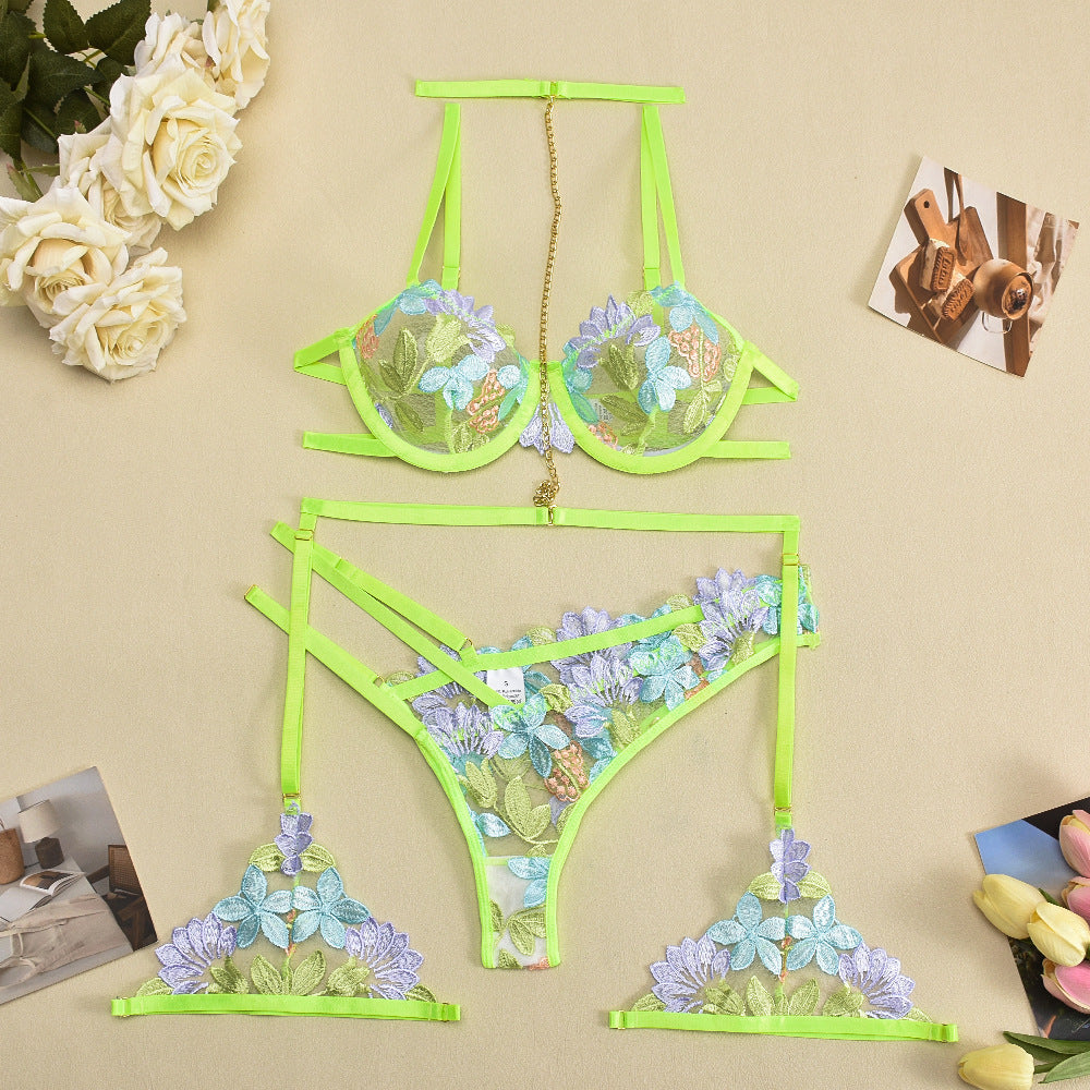 Floral embroidered lingerie set with underwear hanging neckband and neckband iron chain design