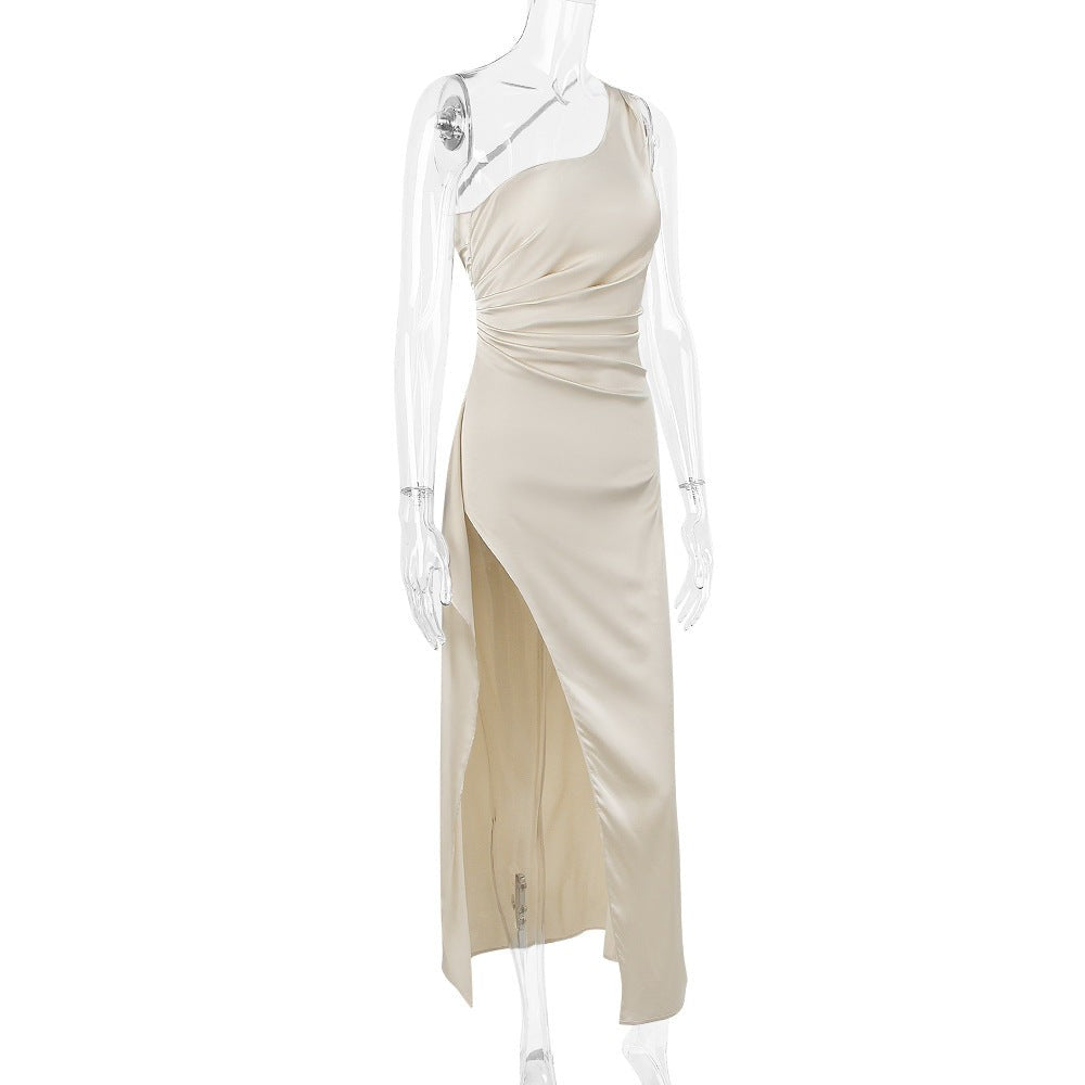 Beige one-shoulder evening dress with high slit, perfect for special occasions, free shipping available