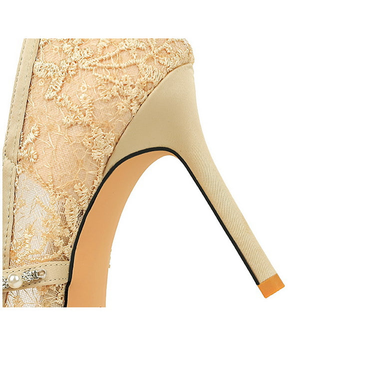 Langry fashion beige lace stiletto heels with pearl and orange sole