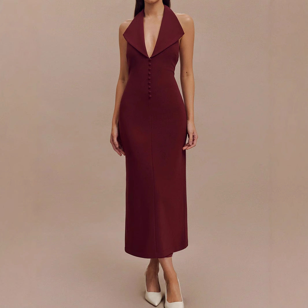Elegant Burgundy halter midi dress from Skinny Sheath Split Halter Dress collection, perfect for fashion