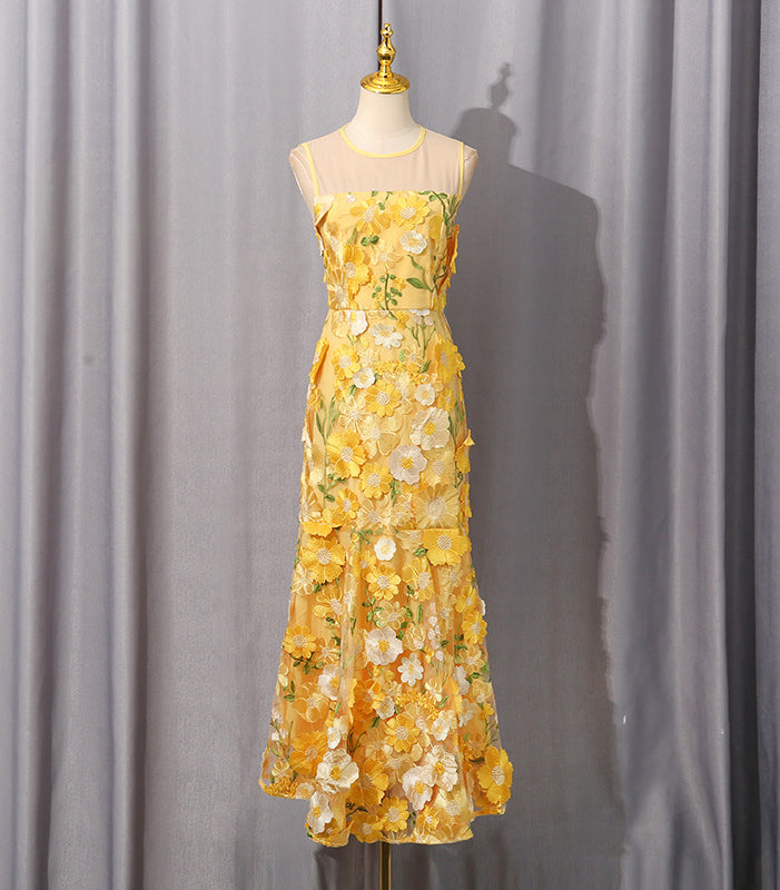 Vibrant yellow langry fashion floral mermaid dress with lace and mesh