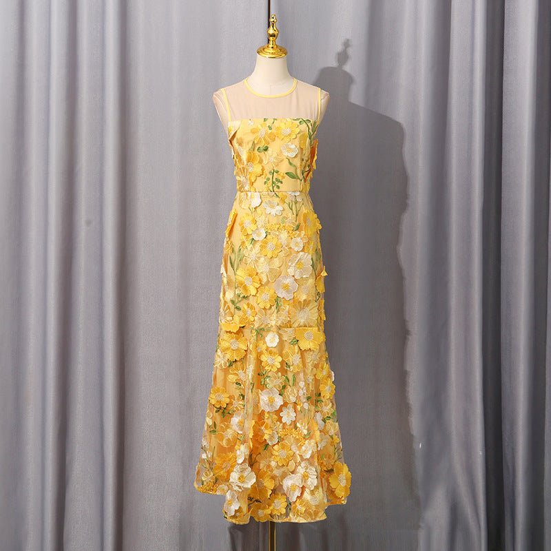 Vibrant yellow langry fashion floral mermaid dress with lace and mesh