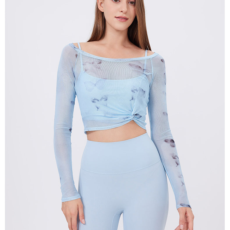 Floral Butterfly Faux Two Piece Sports t Shirt Women Long Sleeve with Chest Pad Yoga Clothes Mesh Top Quick Drying