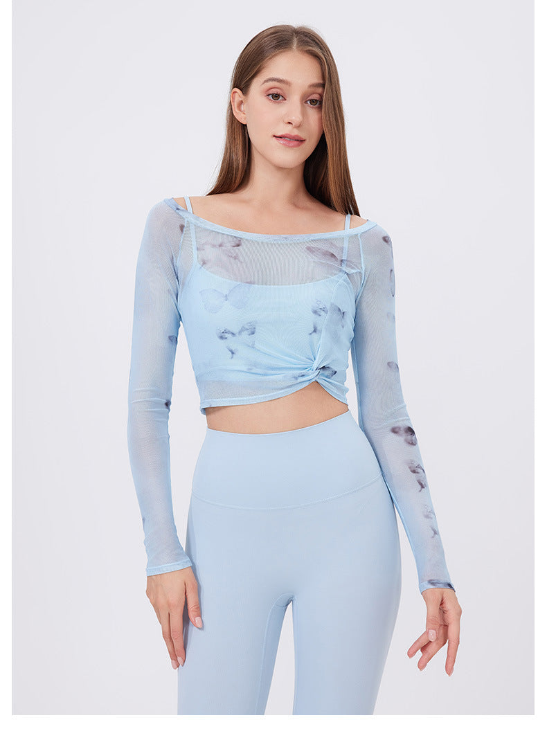 Floral Butterfly Faux Two Piece Sports t Shirt Women Long Sleeve with Chest Pad Yoga Clothes Mesh Top Quick Drying