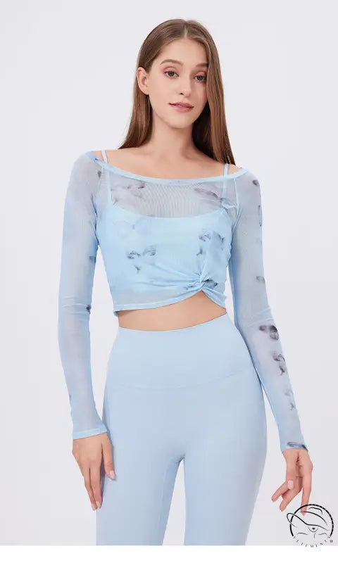 Floral Butterfly Faux Two Piece Sports t Shirt Women Long Sleeve with Chest Pad Yoga Clothes Mesh Top Quick Drying