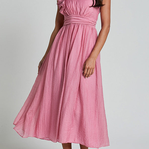 Pink one-shoulder midi dress with ruffles and gathered waist, perfect for langry fashion