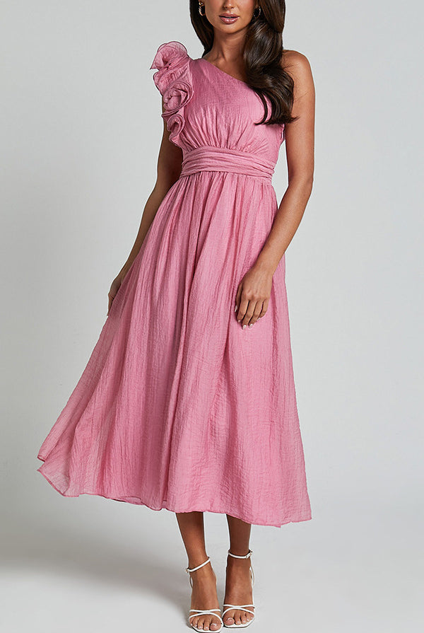 Pink one-shoulder midi dress with ruffles and gathered waist, perfect for langry fashion