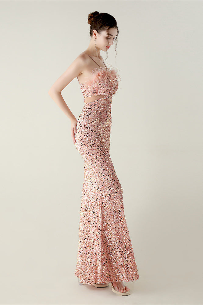 Pink floral lace Langry fashion evening gown with ostrich feathers