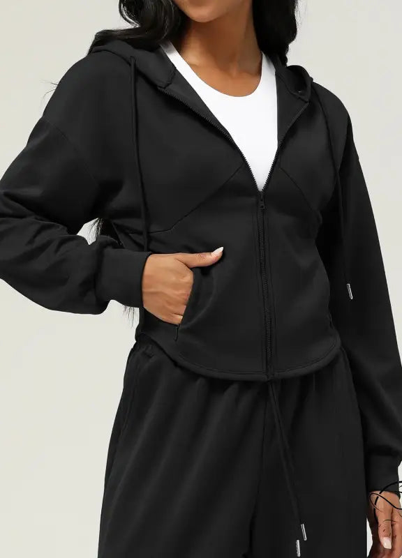 Black hooded zip-up casual cardigan sweater