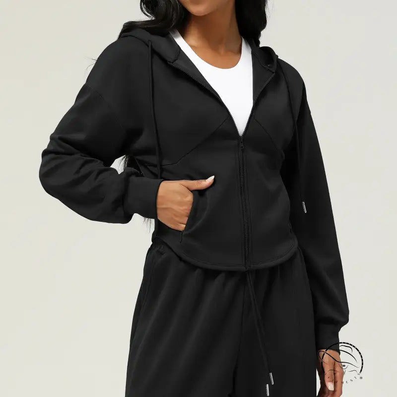 Black hooded zip-up casual cardigan sweater