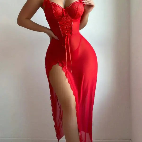 Red sheer mesh lingerie dress with high slit from mesh lingerie sets