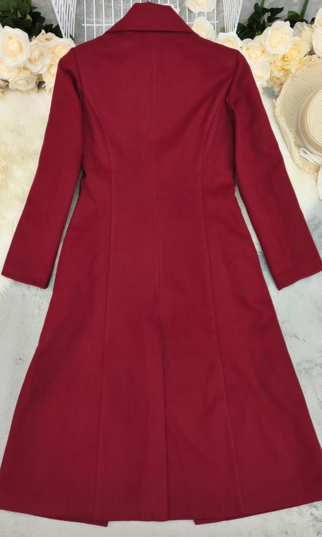 Red double breasted long wool coat for autumn winter fashion