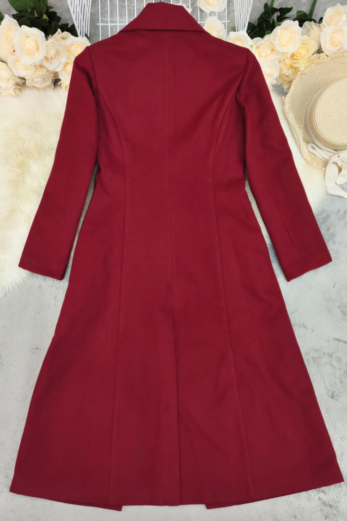 Red double breasted long wool coat for autumn winter fashion