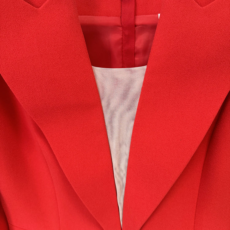 Elegant red fashion blazer with deep V-neck and structured lapels for stylish ملابس