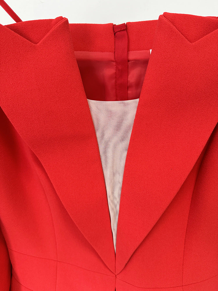 Elegant red fashion blazer with deep V-neck and structured lapels for stylish ملابس