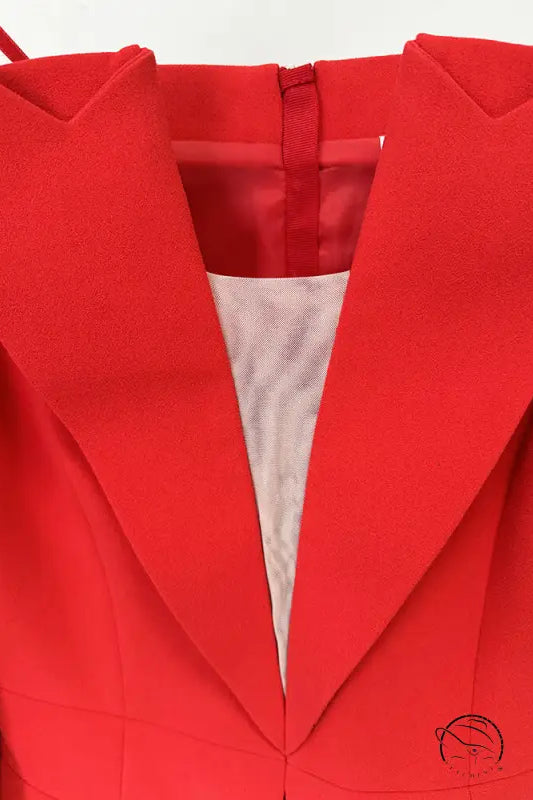 Elegant off-shoulder blazer in vibrant red with deep V-neck and structured lapels, langry fashion ملابس