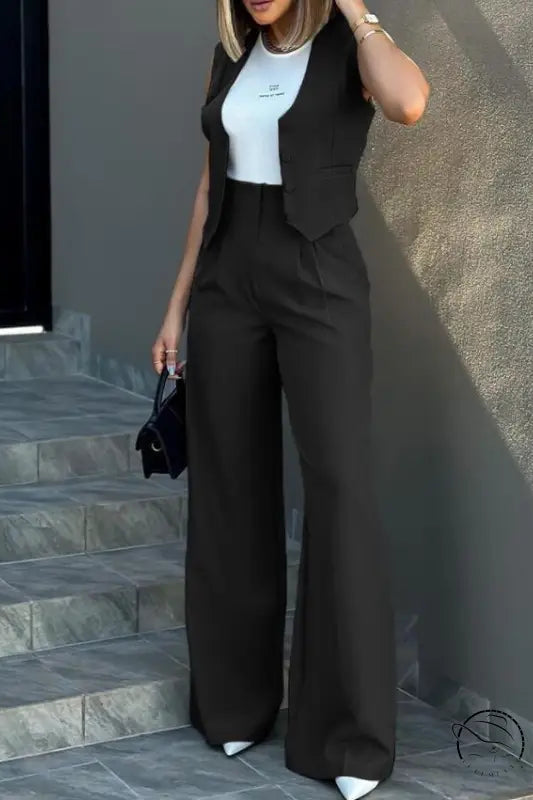 Elegant vest jacket wide leg pants set in black sleeveless style