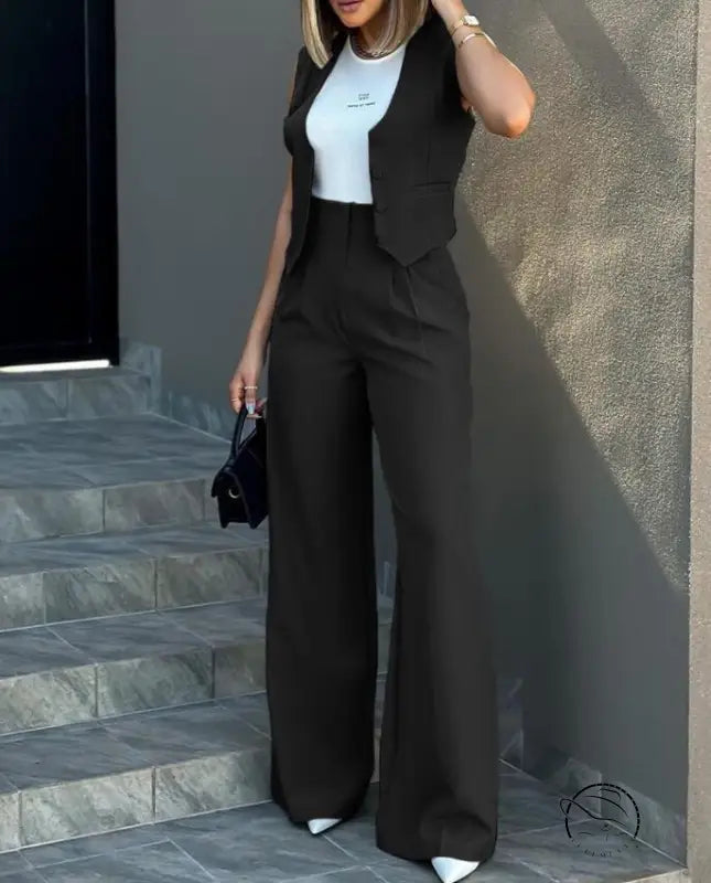 Elegant vest jacket wide leg pants set in black sleeveless style