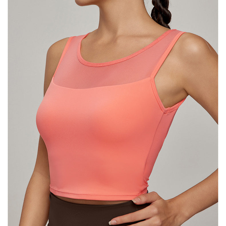 Beauty Back Mesh Workout Top in peach with sleeveless design and fashionable mesh yoke