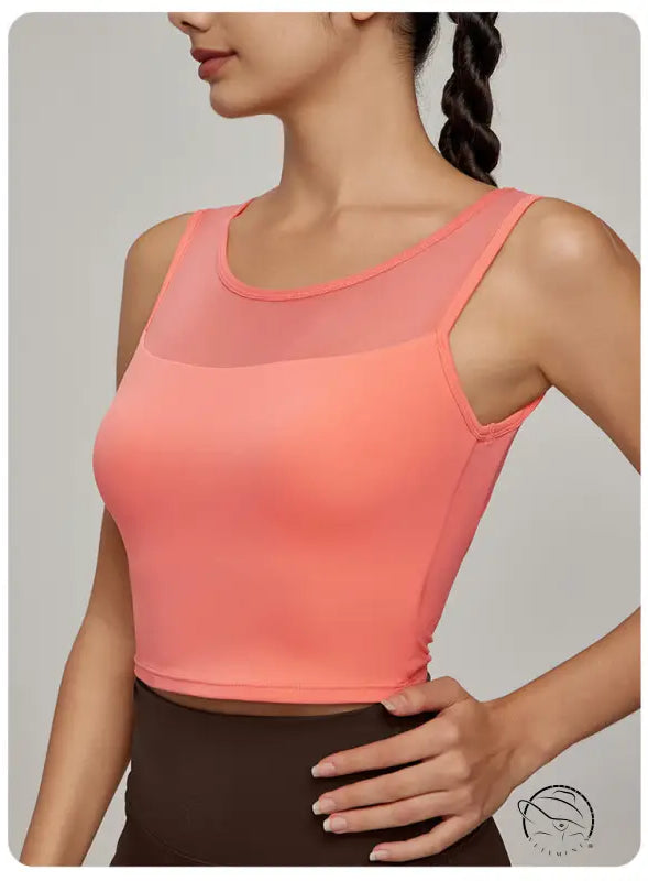 Beauty Back Mesh Workout Top: sleeveless peach crop with mesh yoke